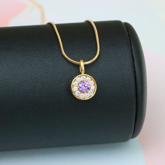 "Round Purple Crystal Pendant in Rose Gold with Halo, XPPT1590 - Picture 12 of 13